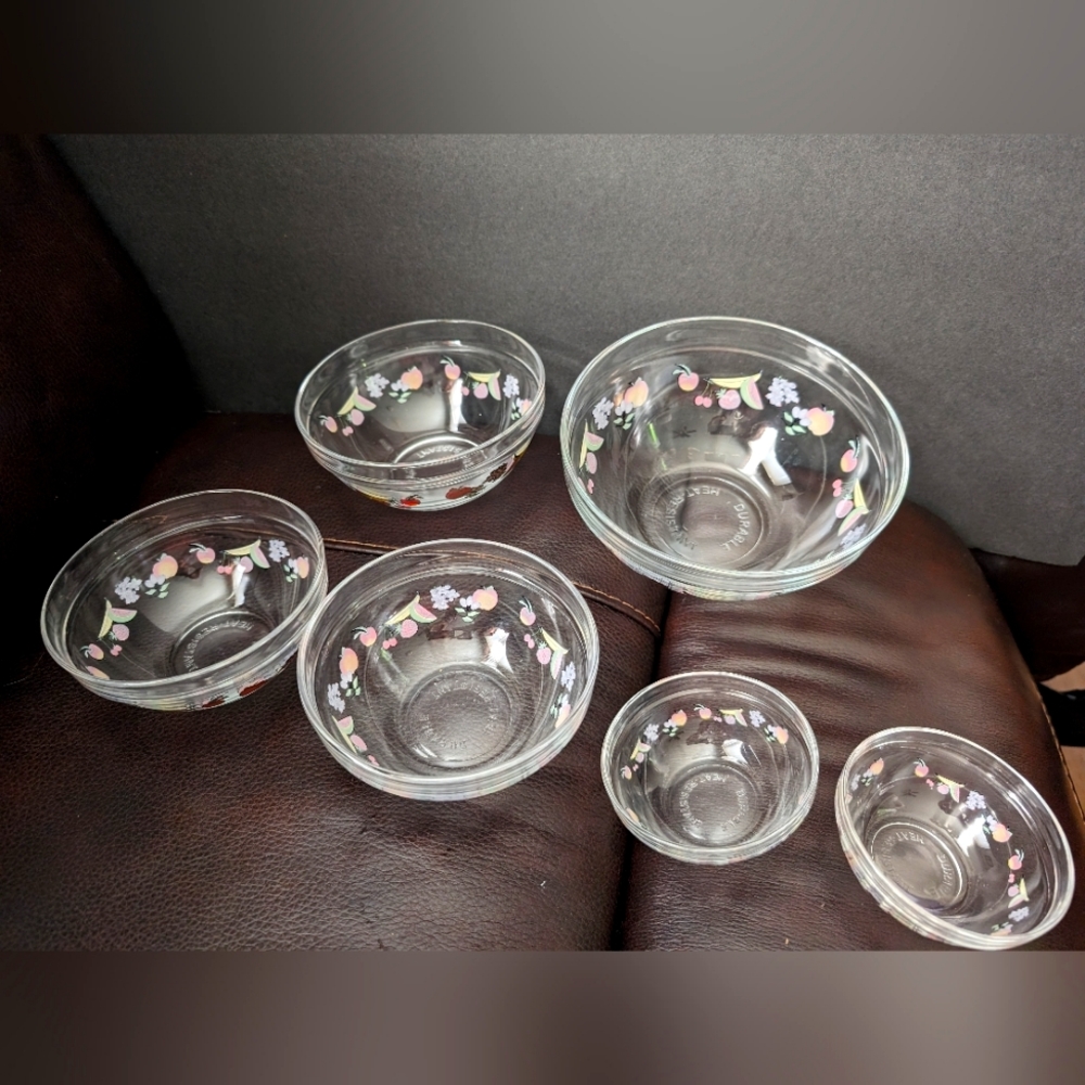 Vintage Imperial? RARE! clear glass foil‎ transfer fruit stacking 6 prep bowls